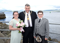 Comet Festival 2022, Port Glasgow, Inverclyde. Provost Drew McKenzie is pictured with gala queen Hayley Johnstone and gala king Cameron McQuade